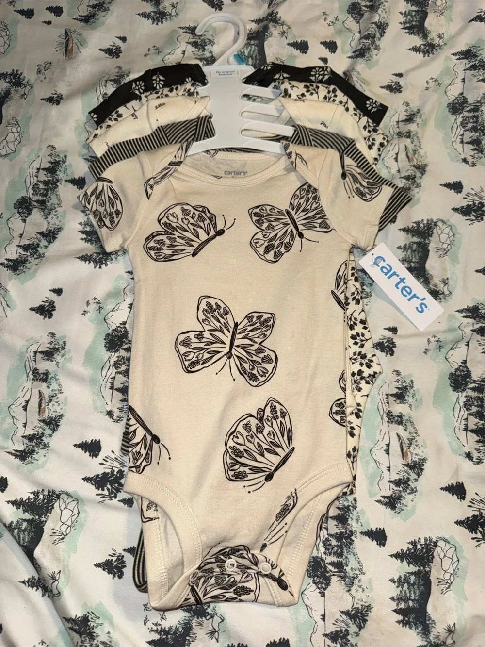 Carter's Cream & Black Butterfly Print Baby 5 One-Piece Set NEW 6M or 12M NEW